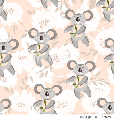 Seamless pattern with cute koala baby and flowers on color background. Funny australian animals. Card, postcards for kids. Flat vector illustration for fabric, textile, wallpaper, poster, paper. Seamless pattern with cute koala baby and flowers on color background. Funny australian animals. Card, postcards for kids. Flat vector illustration for fabric, textile, wallpaper, poster, paper. 81177629