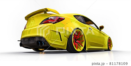 Yellow small sports car coupe. Advanced racing tuning with special parts and wheel extensions. 3d rendering. 81178109