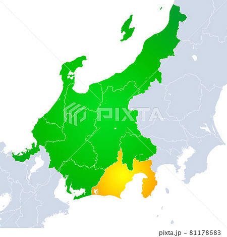 静岡県地図と中部地方のイラスト素材