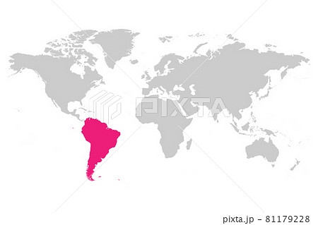 South America continent pink marked in grey silhouette of World map. Simple flat vector illustration. South America continent pink marked in grey silhouette of World map. Simple flat vector illustration. 81179228