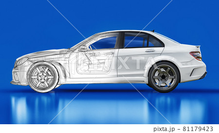 Super fast white sports car on a blue background. Body shape sedan. Tuning is a version of an ordinary family car. 3d rendering. 81179423