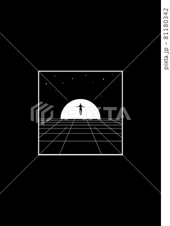 Retrowave t-shirt and apparel design with perspective grid, sun in the horizon, levitate man silhouette, and starry sky. The 1980s aesthetics. Black and white print. Vector 81180342