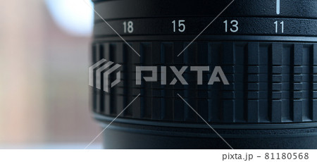 Fragment of a wide angle zoom lens for a modern SLR camera. The set of distance values is indicated by white numbers on the black body Fragment of a wide angle zoom lens for a modern SLR camera. The set of distance values is indicated by white numbers on the black body 81180568