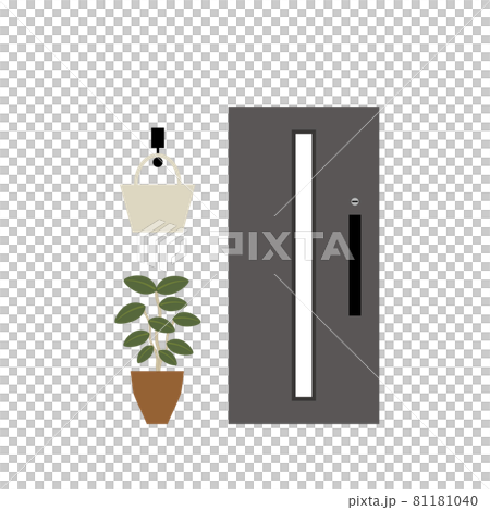 黒い玄関ドアとゴムの木のイラスト 81181040