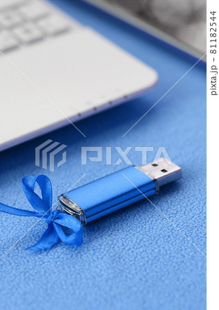 Brilliant blue usb flash memory card with a blue bow lies on a blanket of soft and furry light blue fleece fabric beside to a white laptop and smartphone. Classic female gift design for a memory card Brilliant blue usb flash memory card with a blue bow lies on a blanket of soft and furry light blue fleece fabric beside to a white laptop and smartphone. Classic female gift design for a memory card 81182544