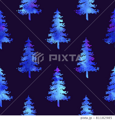 XMAS watercolour Fir Tree Seamless Pattern in White Color on Dark Blue background. Hand-Painted Spruce Pine tree wallpaper for Ornament, Wrapping or Christmas Decoration 81182985