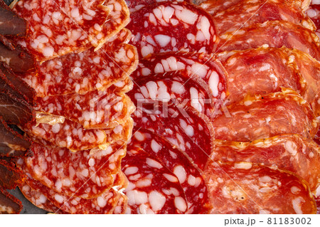 Delicious meat slicing on plate close up Delicious meat slicing on plate close up 81183002