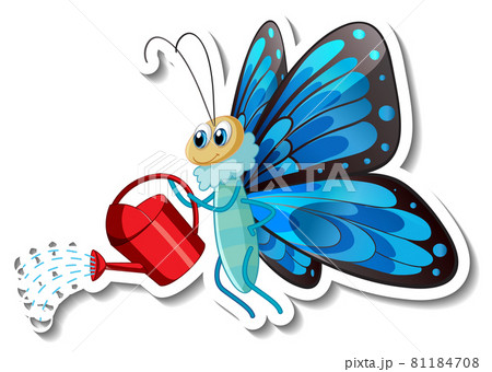Sticker template with cartoon character of a butterfly holding a watering pot isolated 81184708
