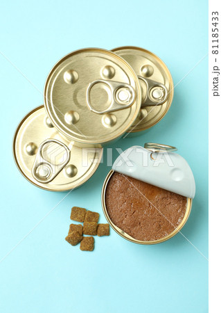 Canned food for pets on blue background, top view Canned food for pets on blue background, top view 81185433