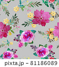 Romantic floral seamless pattern with rose flowers and leaf. Print for textile wallpaper endless. Hand-drawn watercolor elements. Beauty bouquets. Pink, red. green on gray background. 81186089