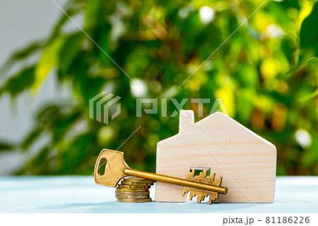 Wooden toy house and house keys close up 81186226