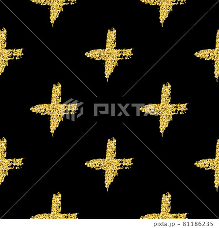 Modern seamless pattern with brush shiny cross. Gold metallic color on black background. Golden glitter texture. Ink geometric elements. Fashion catwalk style. Repeat fabric cloth print. 81186235