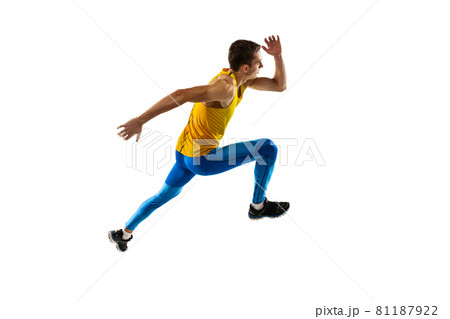 Caucasian professional male athlete, runner training isolated on white studio background. Muscular, sportive man. Concept of action, motion, youth, healthy lifestyle. 81187922