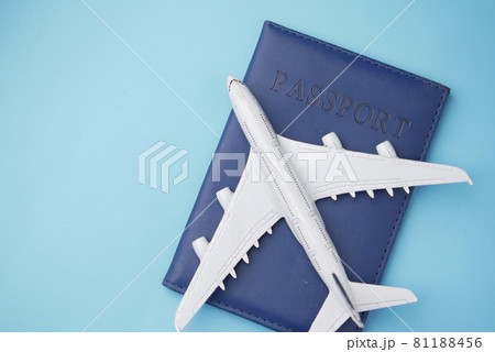 top view of passport and plate on table with copy space  81188456