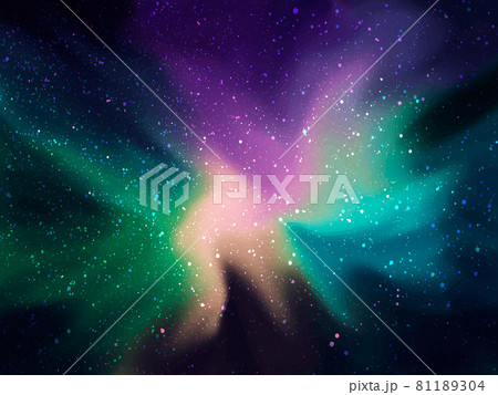 Multicolored northern lights . Magic night sky with sparkling stars. Glowing stardust. Vector 81189304