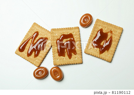 Cookies with caramel on white background, top view 81190112