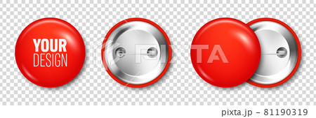 Realistic red blank badge. 3D glossy round button. Pin badge mockup. Vector illustration. 81190319
