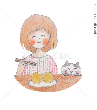 手描きイラスト おはぎを食べる女の子と猫のイラスト素材