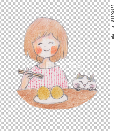 手描きイラスト おはぎを食べる女の子と猫のイラスト素材
