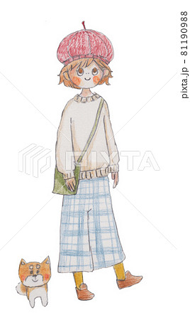 手描きイラスト、散歩する女の子と犬 81190988