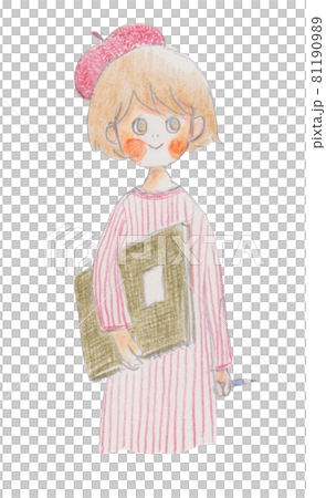 手描きイラスト、スケッチブックを持った女の子のイラスト素材