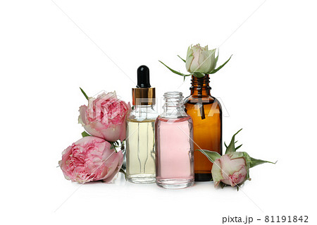 Rose essential oil isolated on white background Rose essential oil isolated on white background 81191842