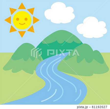 山と川と太陽のイラスト素材