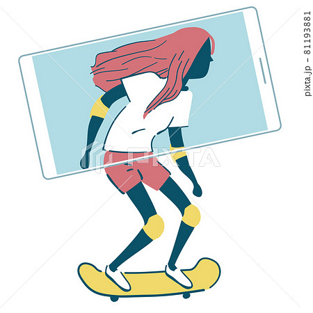 スケートボードで滑走する少女をスマホで撮影するシルエット イラスト素材のイラスト素材