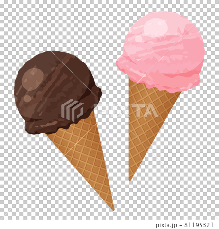 コーンにのったアイスクリームのイラスト_チョコレートと苺 81195321