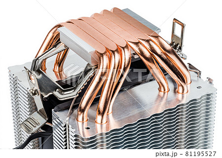 A bottom of modern tower-type heat radiator with six copper heatpipes isolated on white background 81195527