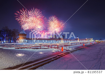 Winter night fireworks over kremlin and Upa quay in Tula, Russia at 2019 Winter night fireworks over kremlin and Upa quay in Tula, Russia at 2019 81195537