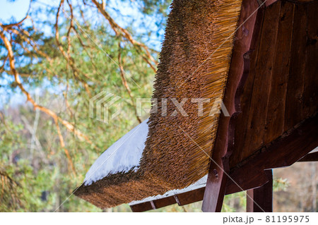 wooden straw roof with selective focus background wooden straw roof with selective focus background 81195975