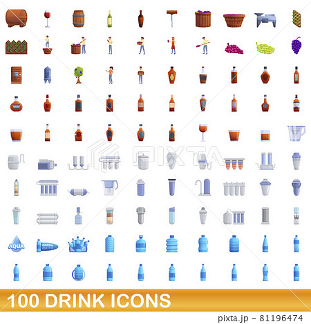 100 drink icons set, cartoon style 81196474