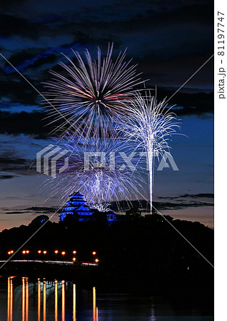 唐津城と九州花火大会の写真素材