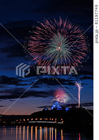 唐津城と九州花火大会の写真素材