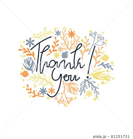 Thank you greeting card with doodle flower silhouette. Hand drawn postcard with slogan thank you and simple plants art. Vector illustration. Thank you greeting card with doodle flower silhouette. Hand drawn postcard with slogan thank you and simple plants art. Vector illustration. 81201731
