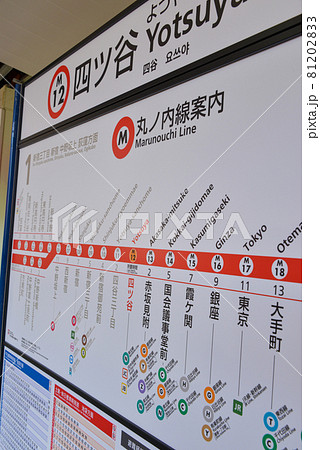 東京メトロ丸ノ内線四ツ谷駅プラットホームの案内表示の写真素材