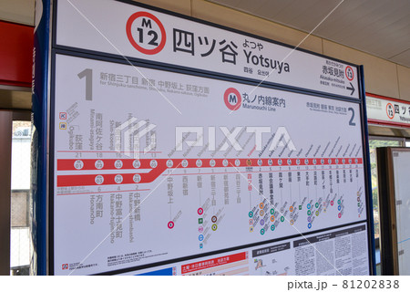 東京メトロ丸ノ内線四ツ谷駅プラットホームの案内表示の写真素材