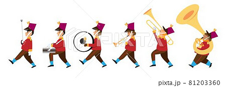 Cute children playing musical instruments in the marching band parade. Flat style cartoon illustration vector Cute children playing musical instruments in the marching band parade. Flat style cartoon illustration vector 81203360