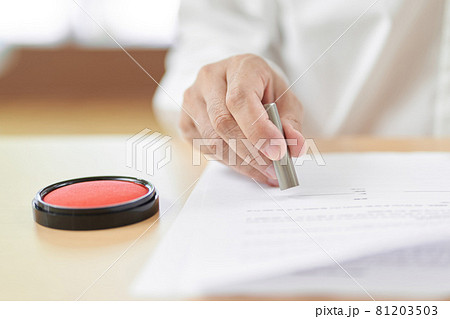 契約書に印鑑を押す高齢者の手元 81203503