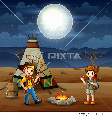 Cartoon the explorer boy and girl camping out in the desert Cartoon the explorer boy and girl camping out in the desert 81204628