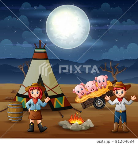 Cowboy and cowgirl and pigs at campsite at night illustration 81204634