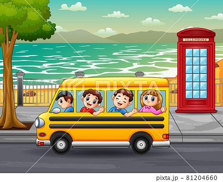Children ride the bus through the city streets Children ride the bus through the city streets 81204660