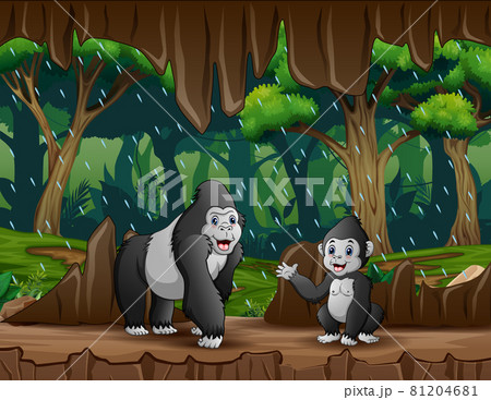 Cartoon gorilla with cub taking shelter in a cave Cartoon gorilla with cub taking shelter in a cave 81204681