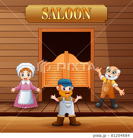 Male and female standing in front of saloon Male and female standing in front of saloon 81204684
