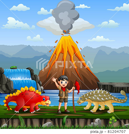 Funny A Scout And Dinosaurs By The River のイラスト素材