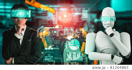 Mechanized industry robot and human worker working together in future factory Mechanized industry robot and human worker working together in future factory 81204865