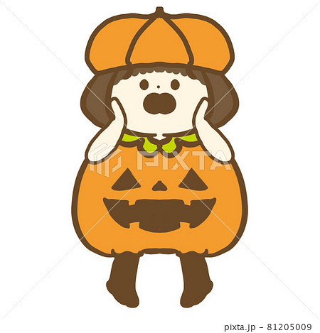 ハロウィンコスプレ かぼちゃの衣装 女の子 怖がるのイラスト素材