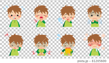 様々な体調不良の症状と可愛い小さな男の子のイラスト セット 白背景 バリエーションのイラスト素材