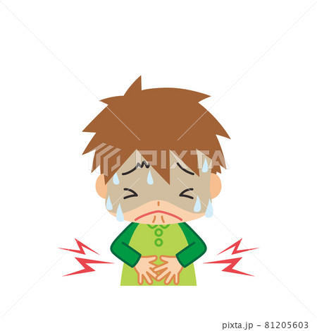 腹痛でお腹を抱えてうずくまって苦しんでいる可愛い小さな男の子のイラスト 白背景 クリップアートのイラスト素材